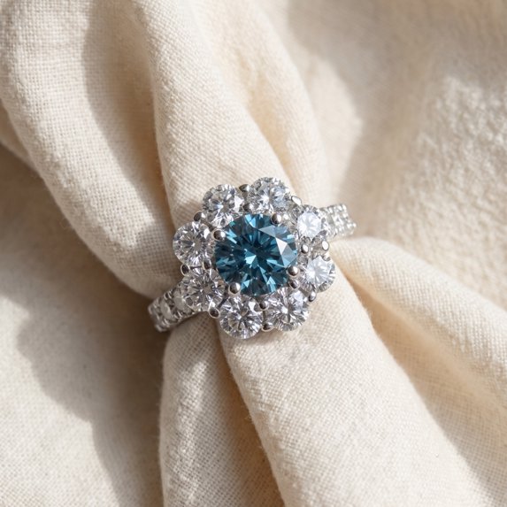 Pompeii 3 1/2Ct TW Blue & White Diamond Halo Engagement Ring 14k White Gold Lab Grown