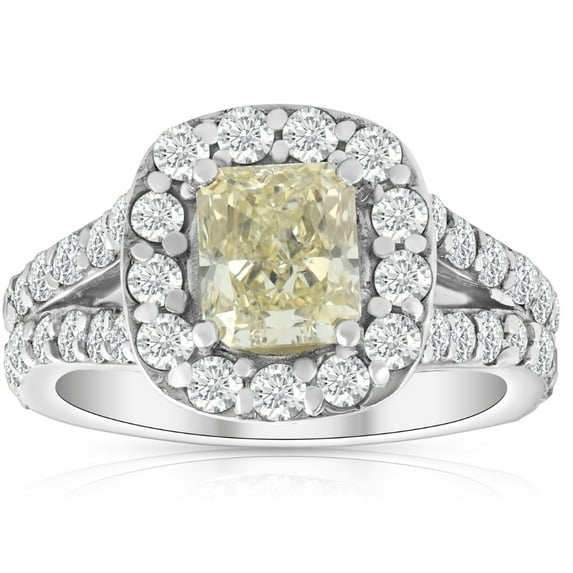 Pompeii 3 3/4Ct Fancy Yellow Cushion Diamond Halo Engagement Ring 10k White Gold
