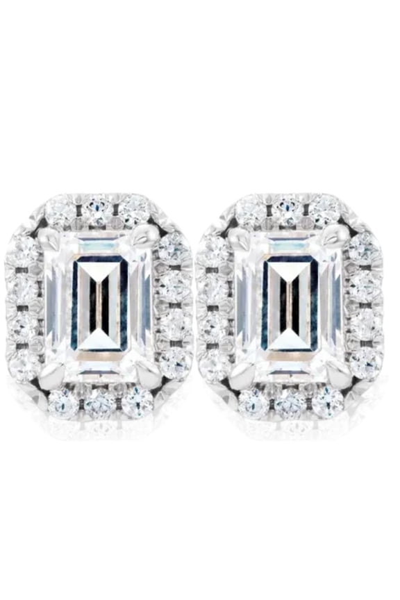 Pompeii 3/4 Ct Emerald Moissanite & Lab Grown Diamond Halo Studs 14k White Gold Earrings