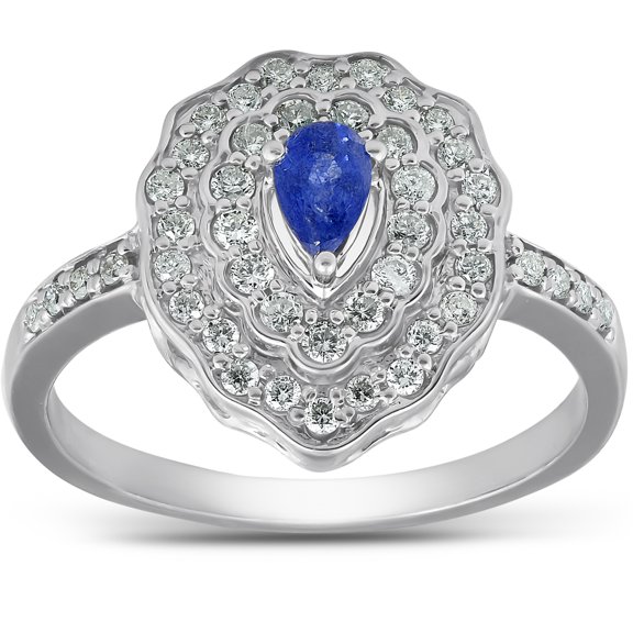 Pompeii 3/4 Ct Pear Shape Blue Sapphire & Diamond Halo Vintage Fashion Ring White Gold