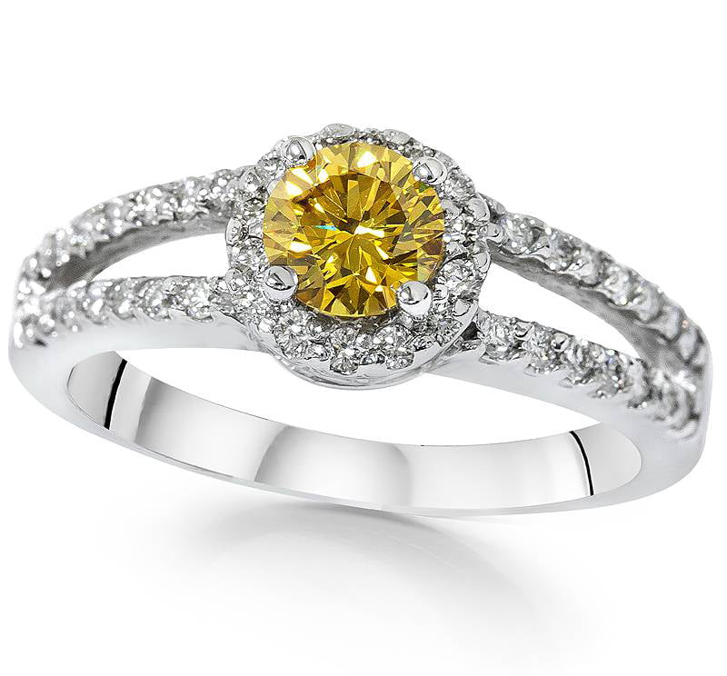 Pompeii 3/4CT Color Yellow Diamond Halo Split Shank Engagement Ring ...