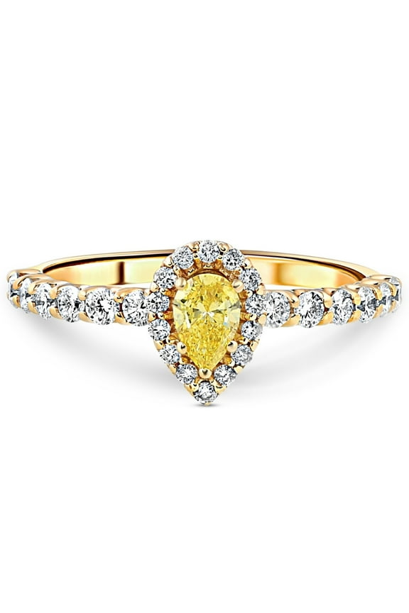 Pompeii 3/4CT Fancy Yellow Pear Lab Grown Diamond Halo Engagement Ring Yellow Gold (Fancy