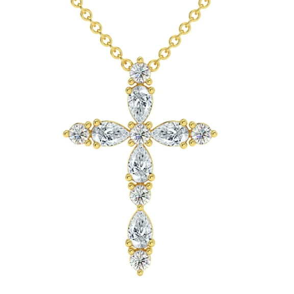 Pompeii 3/4Ct Diamond Cross Round & Pear Shape 14k Gold Necklace Lab Grown 1" Tall
