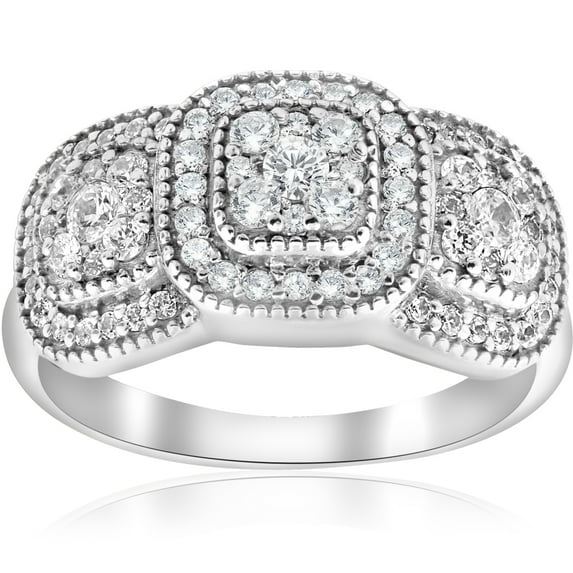 Pompeii 3/4ct 3-Stone Pave Cushion Halo Diamond Engagement Ring Vintage 10k White Gold