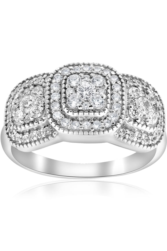 Pompeii 3/4ct 3-Stone Pave Cushion Halo Diamond Engagement Ring Vintage 10k White Gold