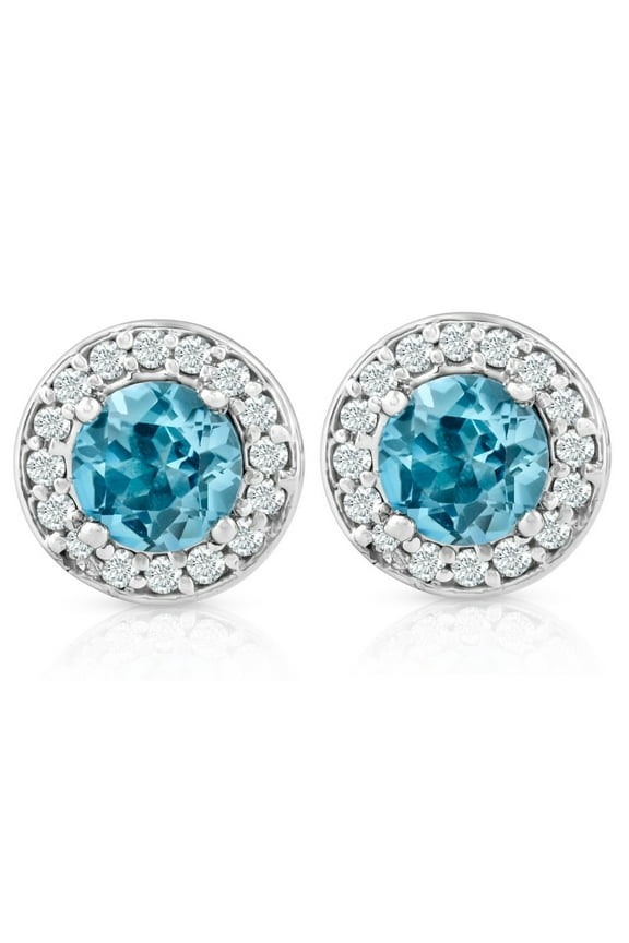 Pompeii 3/4ct Halo Diamond Blue Topaz Studs 14K White Gold (G-H,I2-I3)