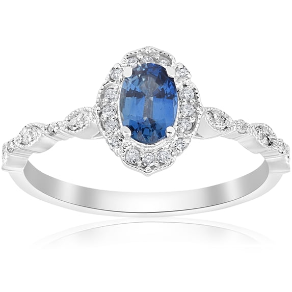 Pompeii 3/4ct Oval Blue Sapphire Diamond Halo Vintage Engagement Ring 14K White Gold