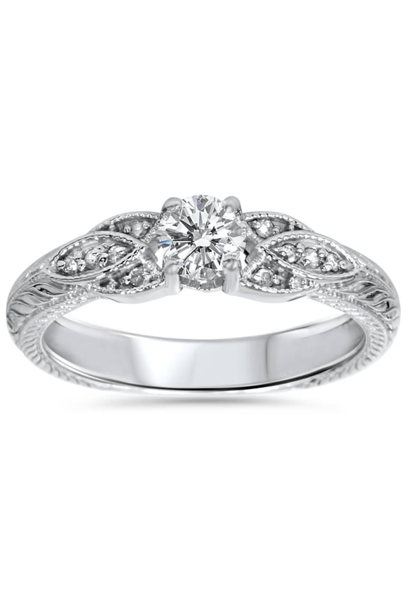 Pompeii 3/8ct Vintage Diamond Floral Engraved Engagement Ring 14K White Gold (H/I,I1-I2)