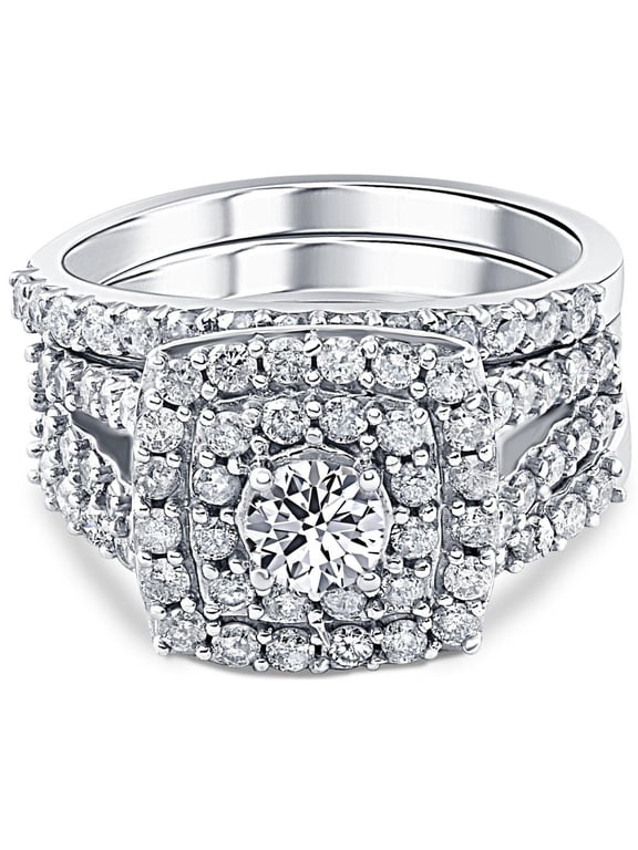 Pompeii 3 ct Diamond Engagement Wedding Cushion Halo Trio Wedding Ring Set White Gold