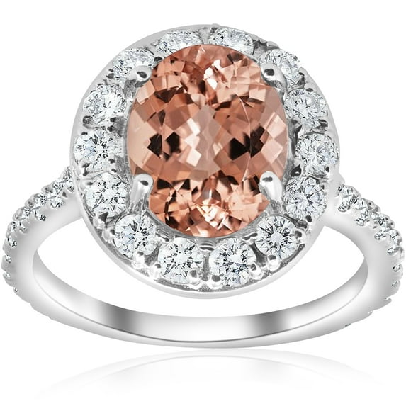 Pompeii 3 ct Oval Halo Morganite Diamond Vintage Engagement Ring 14k White Gold