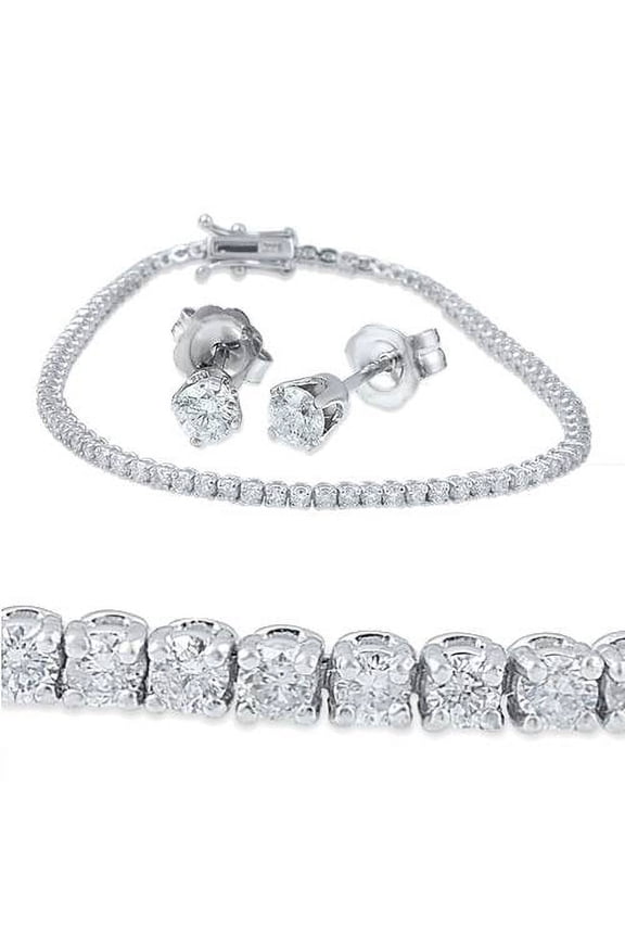 Pompeii 3ct Diamond Studs & Tennis Bracelet Set 14K White Gold (I-J,I2-I3)