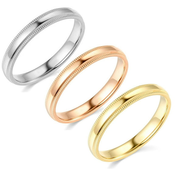 Pompeii 3mm Milgrain Plain High Polished Dome Wedding Band 10k White, Yellow, Rose Gold