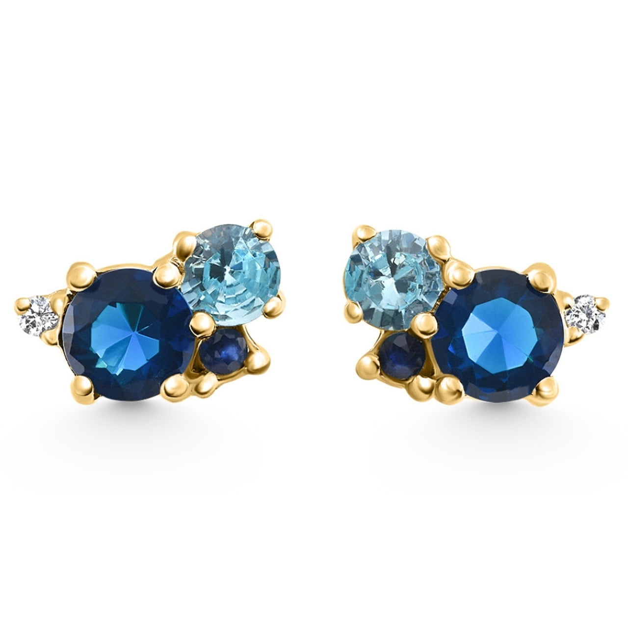14K Gold Diamond and Blue Gemstone Stud Earrings