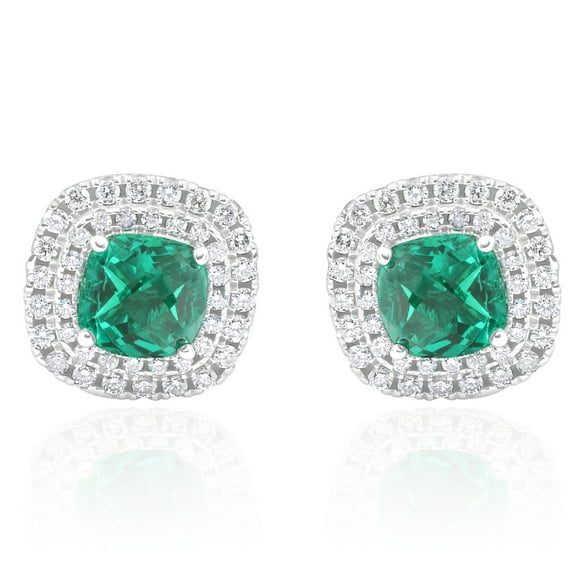 Pompeii 4Ct Emerald & Lab Grown Diamond Cushion Halo Studs 14k White Gold (F,VS)