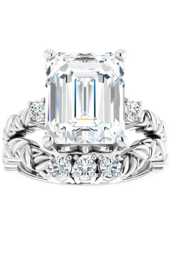 Pompeii 5 1/2 Ct Diamond & Emerald Cut Moissanite Petite Leaf Engagement Set in 10k Gold