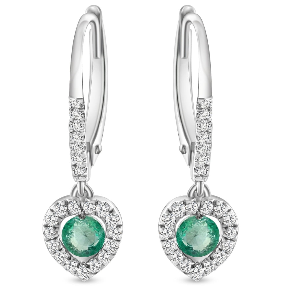 POMPEII3 Pompeii 5/8Ct TW Emerald Lever Back Dangle Hoops White Gold Heart Earrings 3/4" Tall