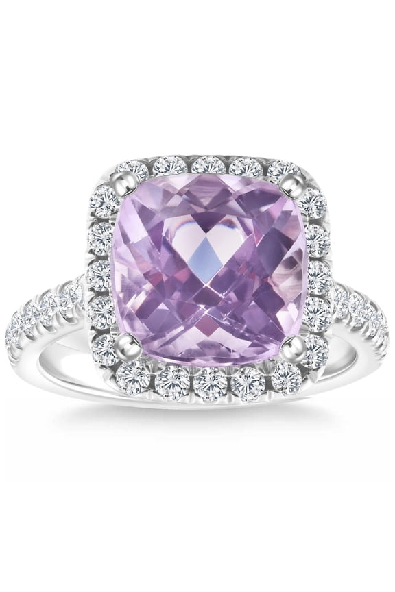 Pompeii 6 1/4Ct Cushion Pink Kunzite & Diamond Halo Ring 14k Gold Lab Grown (F/G,VS2-SI1)