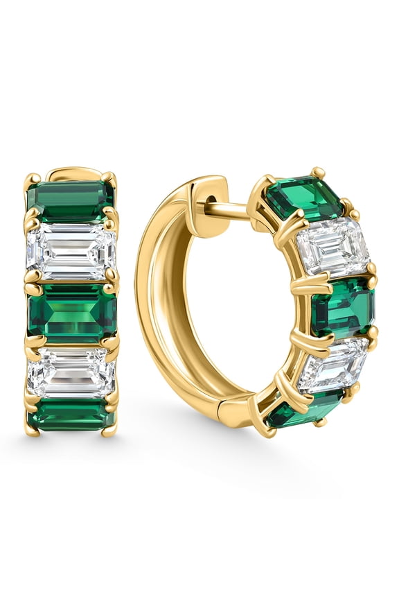 Pompeii 6Ct Emerald & Diamond Hoops 14k Yellow Gold Lab Grown 3/4" Tall (EF,VS1-VS2)