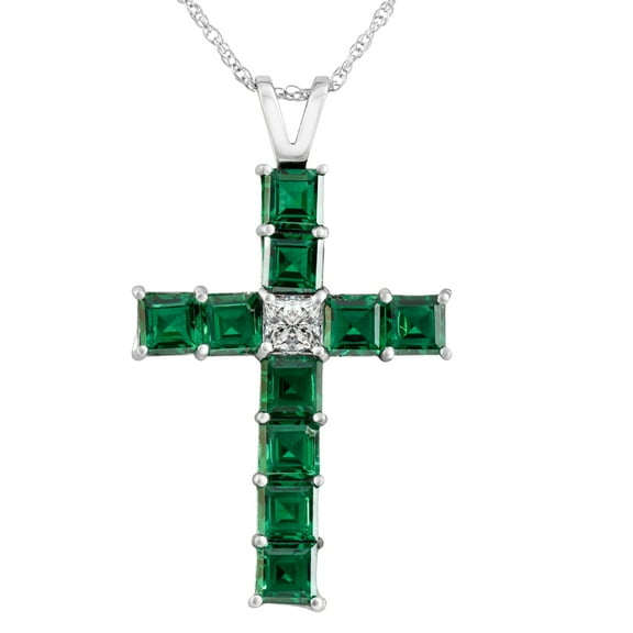 Pompeii 6Ct TW Princess Cut Diamond & Emerald Cross Pendant Necklace Gold Lab Grown