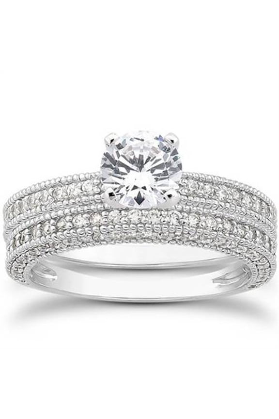 Pompeii 7/8ct Heirloom Milgrained Diamond Engagement Wedding Ring Set 14K White Gold