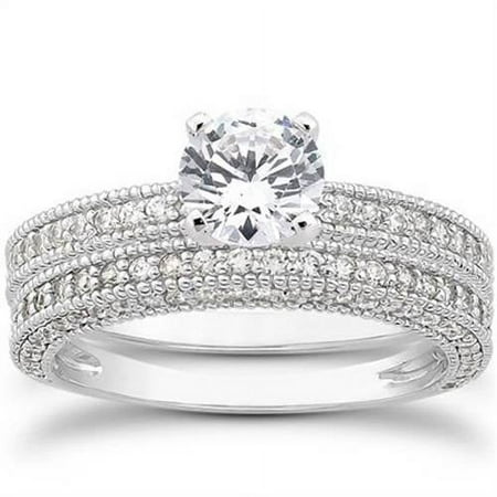 Pompeii 7/8ct Heirloom Milgrained Diamond Engagement Wedding Ring Set 14K White Gold