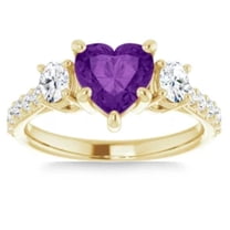 Pompeii 7mm Amethyst Three-Stone Diamond Heart Shape Ring in 14k White or Yellow Gold
