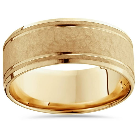 Pompeii 8mm Hammered Center Mens Wedding Band 14K Yellow Gold (,)