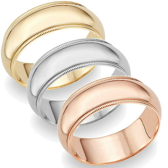 Pompeii 8mm Milgrain Plain High Polished Dome Wedding Band 10k White, Yellow, Rose Gold