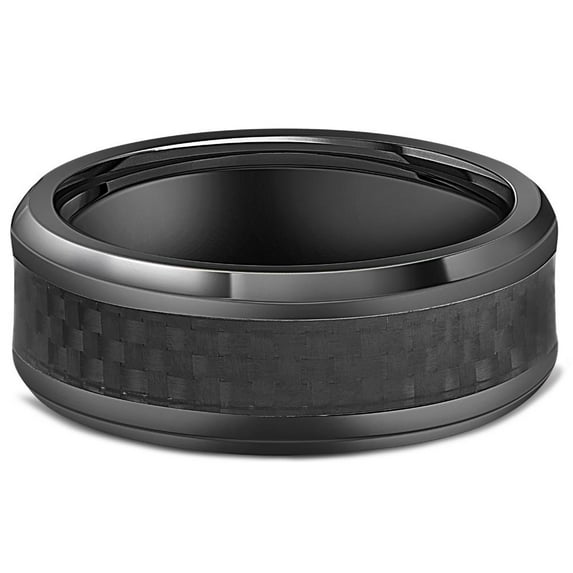 Pompeii Black Titanium 8mm Beveled Band with Black Carbon Fiber Inlay Comfort Fit (black,)