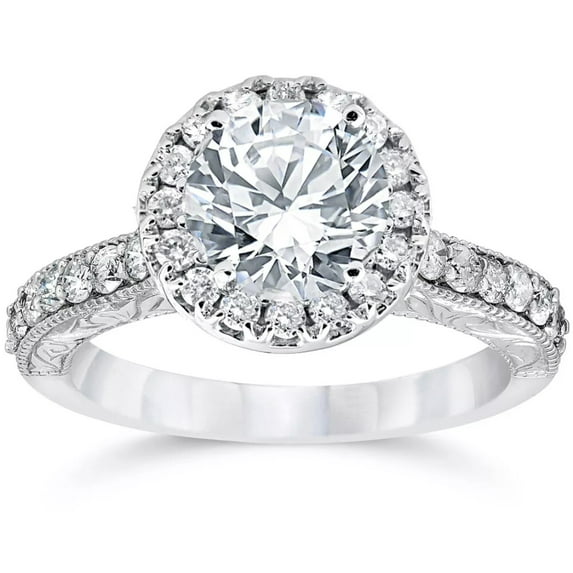 Pompeii Certified 2Ct Diamond Halo Engagement Ring Antique 14k White Gold Lab Grown