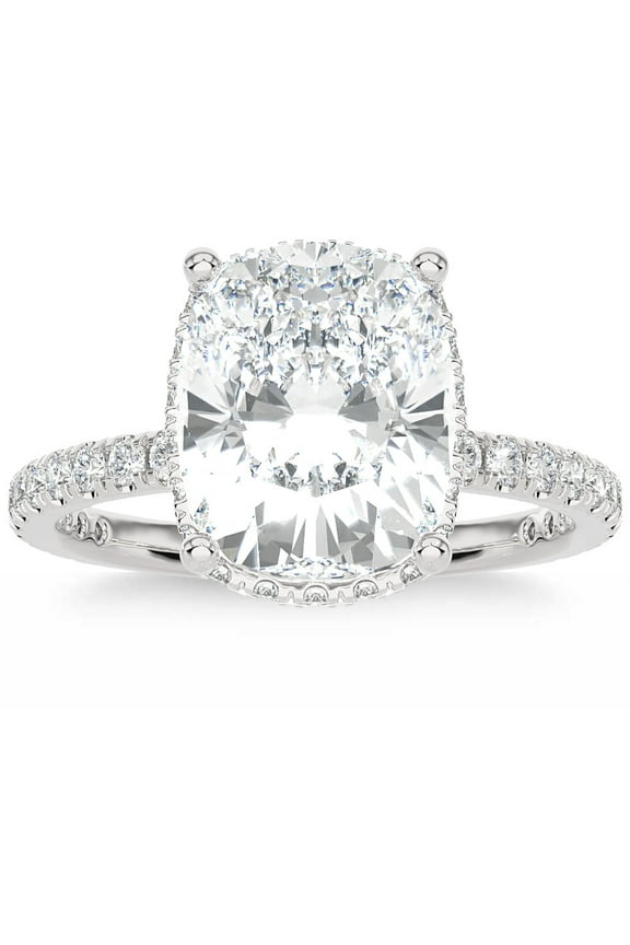Pompeii Certified 4 1/2Ct Cushion Diamond Engagement Ring Side Halo 14k Lab Grown