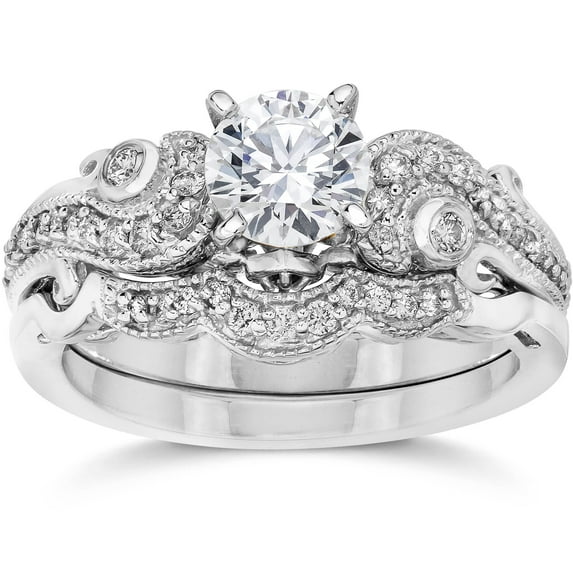 Pompeii Emery 3/4Ct Vintage Diamond Engagement Wedding Ring Set 14K White Gold (H/I,I1)