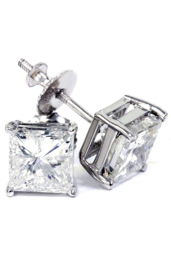 Pompeii H/SI 3.27 Carat Princess Cut Diamond Studs Screw Backs 14K White Gold () (H,SI2)