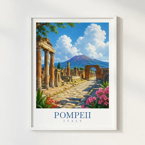 Pompeii Italy Ancient Ruins Wall Art Print, Illustrated Historic Landscape Home Decor