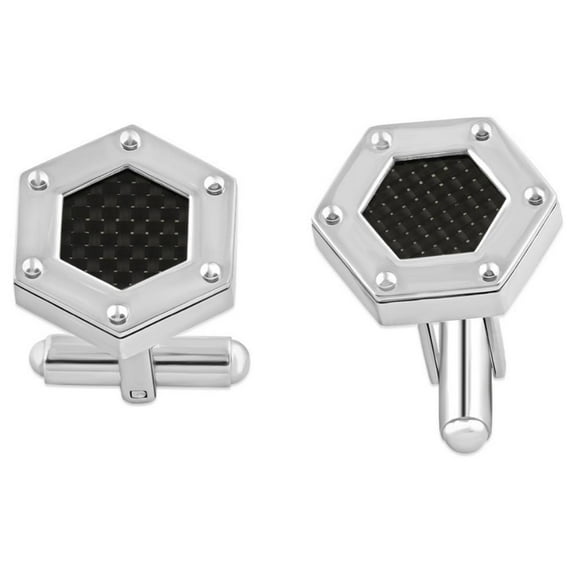 Pompeii Men's Stainless Steel And Black Carbon Fiber Hexagon Polished 16.5mm Cufflink (,)