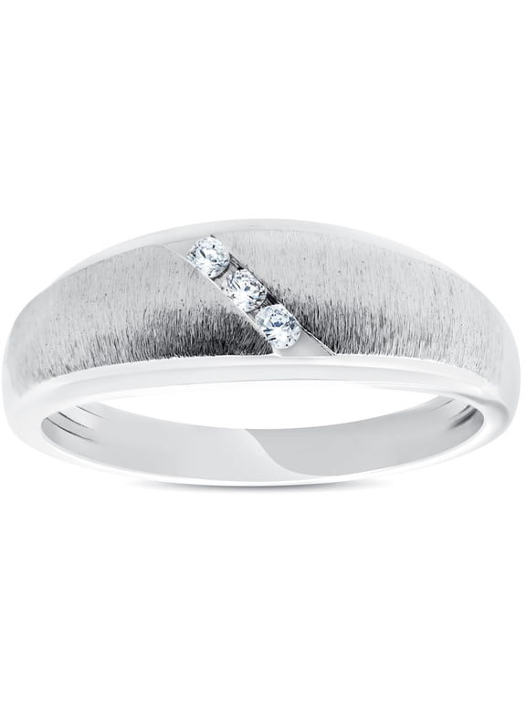 Pompeii Mens 1/10ct Three Diamond Brushed Wedding Ring 10k White Gold Anniversary Band