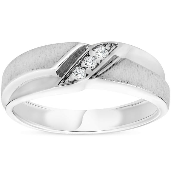 Pompeii Mens 1/10ct White Gold Diamond Ring Contour Brushed Three Stone Wedding Band