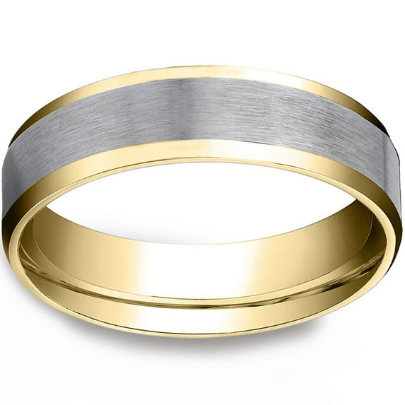 Pompeii Mens 10k Gold 6MM Satin Wedding Band Flat Beveled Edge Two Tone Ring (,)