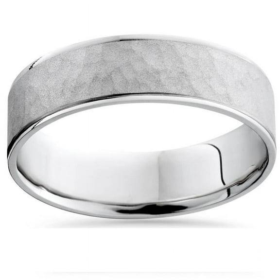 Pompeii Mens 14K White Gold Flat Hammered Wedding Ring Band (,)