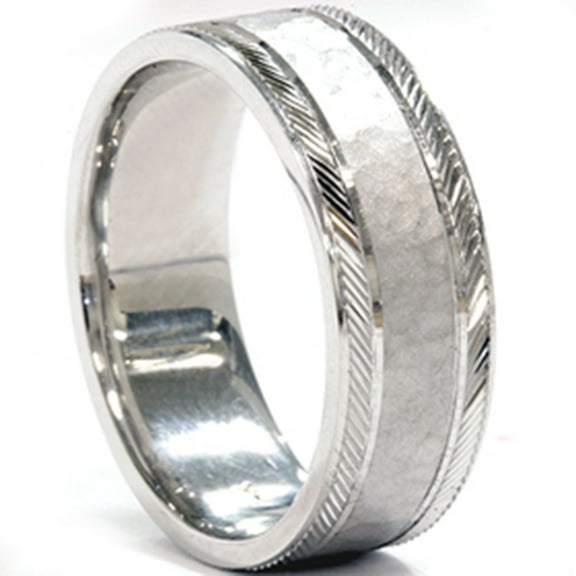 Pompeii Mens 14K White Gold Hammered Wedding Band (,)