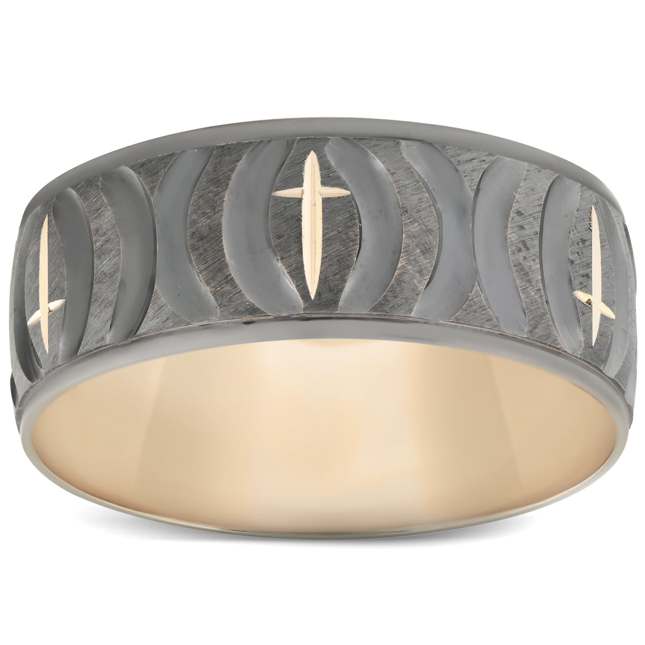 Pompeii Mens 8mm Wide Yellow Gold Ring Hand Carved Black & White Gold ...