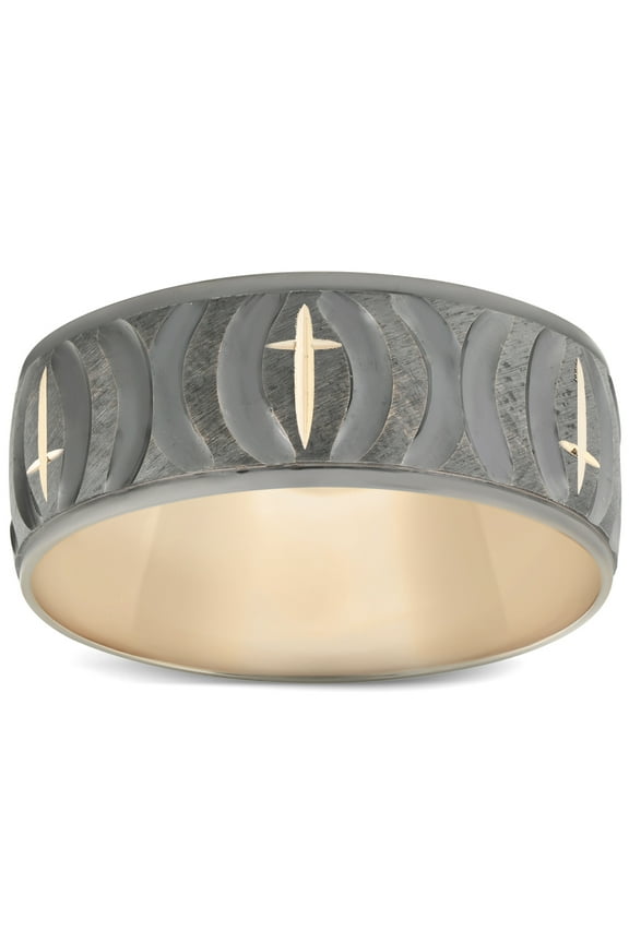Pompeii Mens 8mm Wide Yellow Gold Ring Hand Carved Black & White Gold Cross Wedding Band