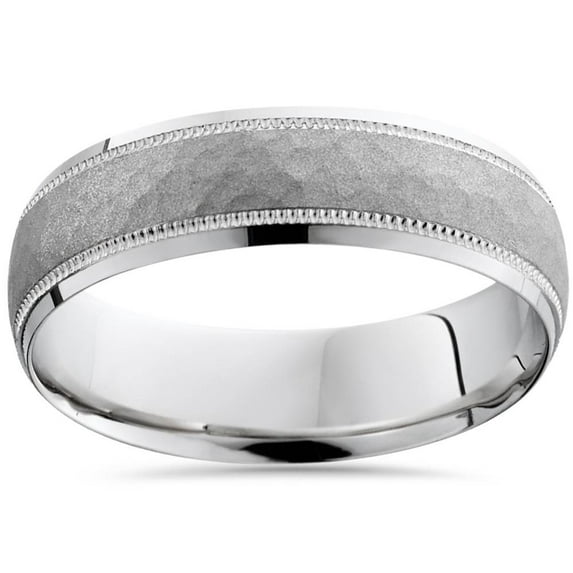 Pompeii Mens Hammered 10K White Gold Wedding Band (,)