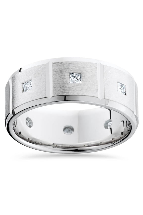 Pompeii Mens Princess Cut Diamond Wedding Ring Comfort Fit Brushed Bevel 14K White Gold