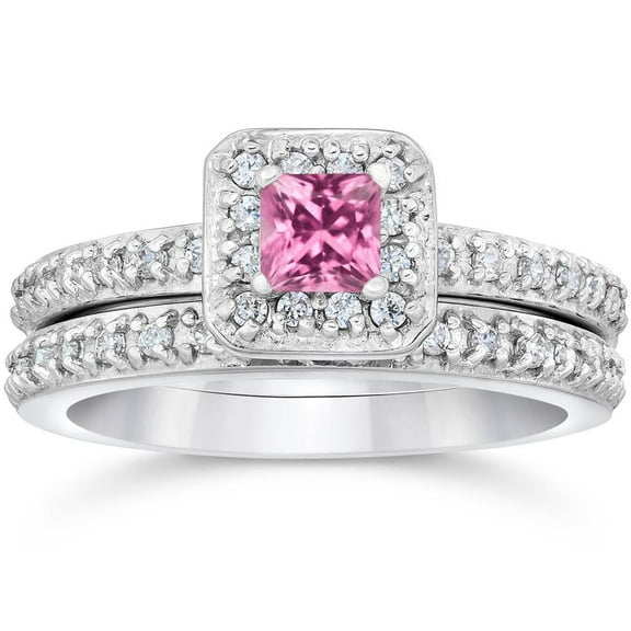Pompeii Princess Cut Pink Sapphire 1 1/3ct Pave Vintage Diamond Ring Set 14K White Gold
