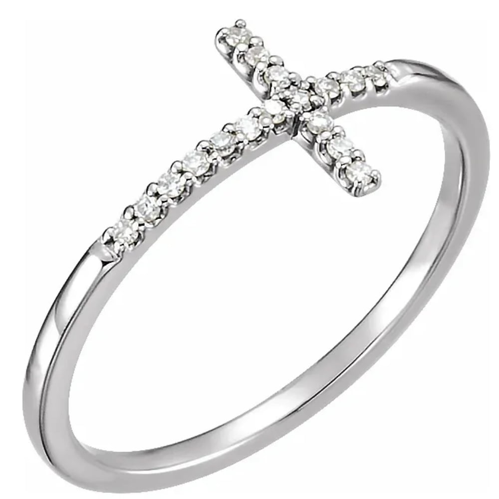 10k White Gold Sideways Cross Diamond Ring - Size 8, 11 Round Diamonds, Faith Jewelry - View #4