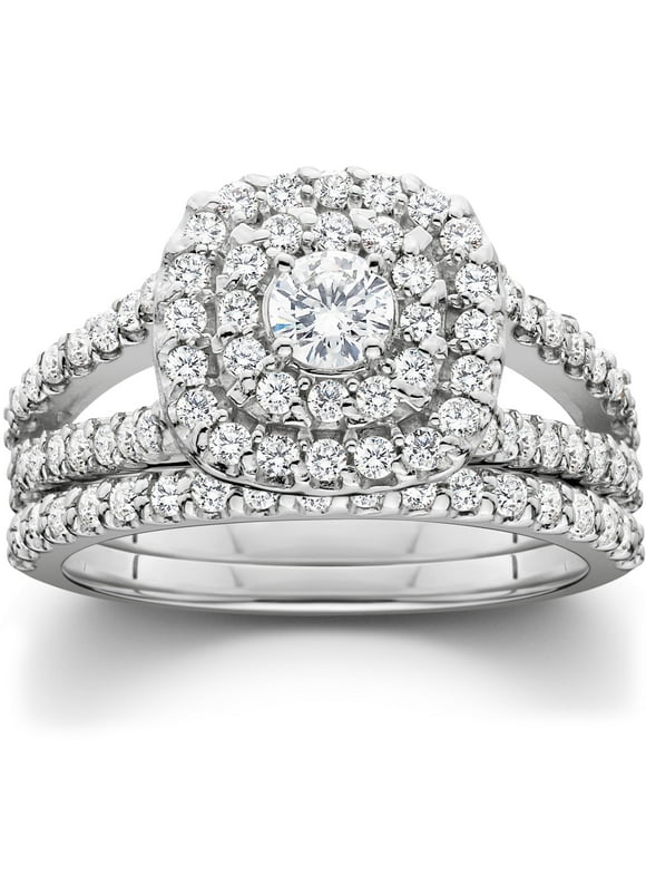 Pompeii3 1 1/10ct Cushion Halo Diamond Engagement Wedding Ring Set 10K White Gold Carat