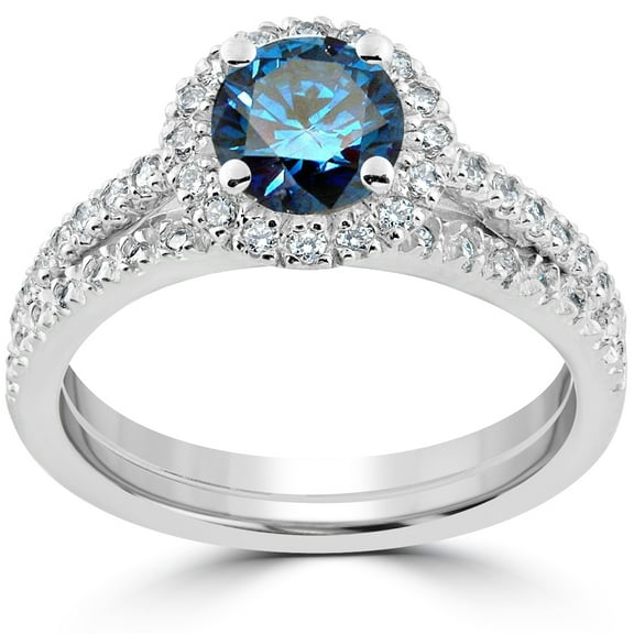 Pompeii 1 1/2 ct Blue Diamond Halo Engagement Wedding Ring Set 14k White Gold Lab Grown