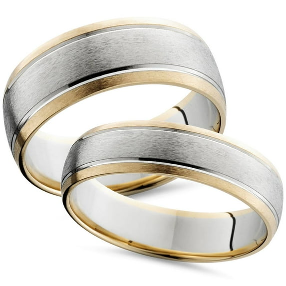 Pompeii3 Two Tone 14k White & Yellow Gold Matching Wedding Ring Set His Hers Brushed Band