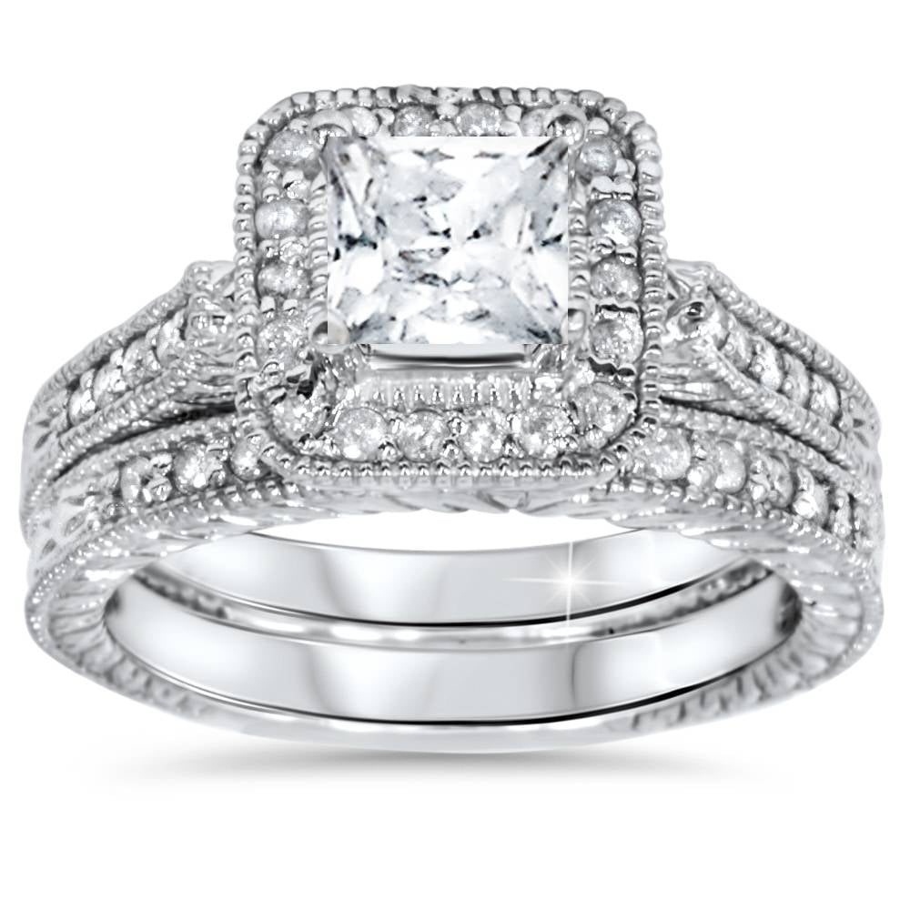 Glitz Design Princess Cut Quad Halo Wedding Ring Set w/ Enhancer Bands Bridal 18K Gold White Gold / 6.5